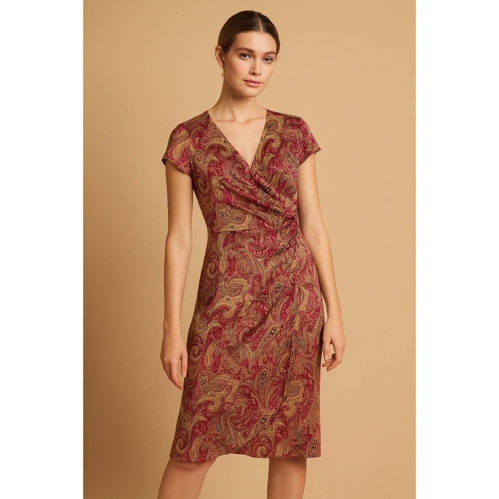Vintage 90s Ralph Lauren Silk Paisley Knee Length Dress Faux Wrap Red Gold Sz 6